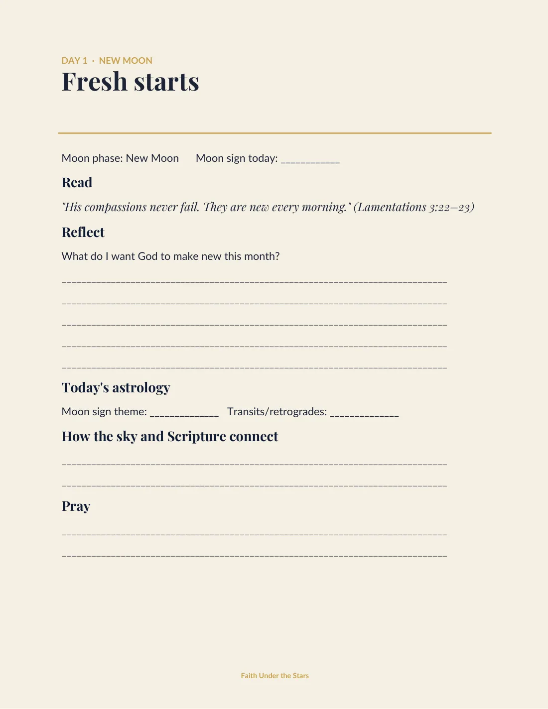 Sample journal page for Day 1, New Moon, titled Fresh starts. It includes the verse Lamentations 3:22 to 23, the reflection question What do I want God to make new this month, space for today's astrology, and a space to pray.